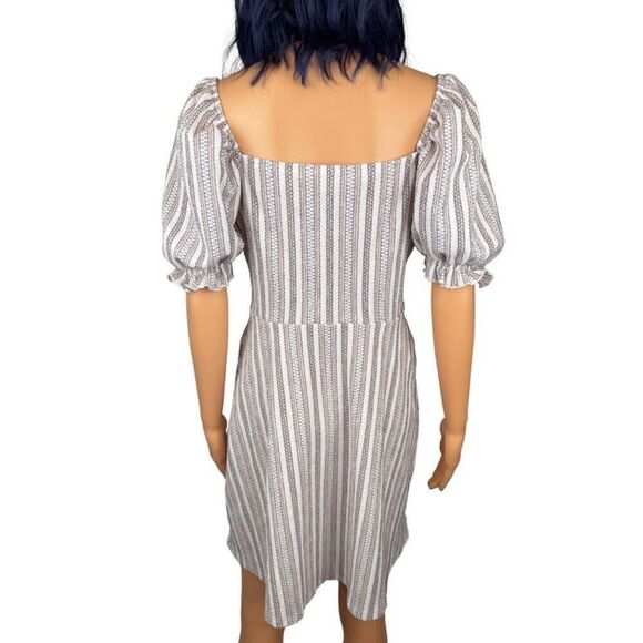 TOPSHOP Textured Stripe Puff Sleeve Milkmaid Stretchy Mini Dress 10 Medium - Picture 5 of 6